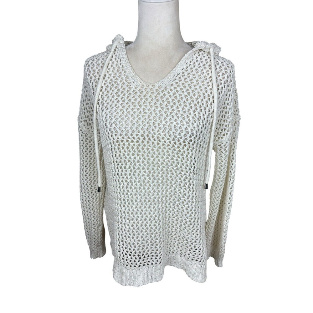 Joie Sweater Womens Size S Cream Crochet Hoodie Boho Metallic Coverup Beachwear‎ - Picture 7 of 10